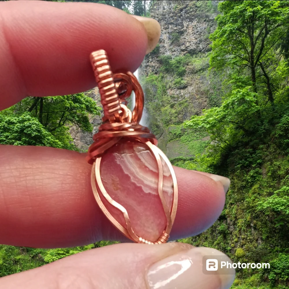 Artisan Copper Wire Wrap Rhodocrosite Pendant - Picture 5 of 6